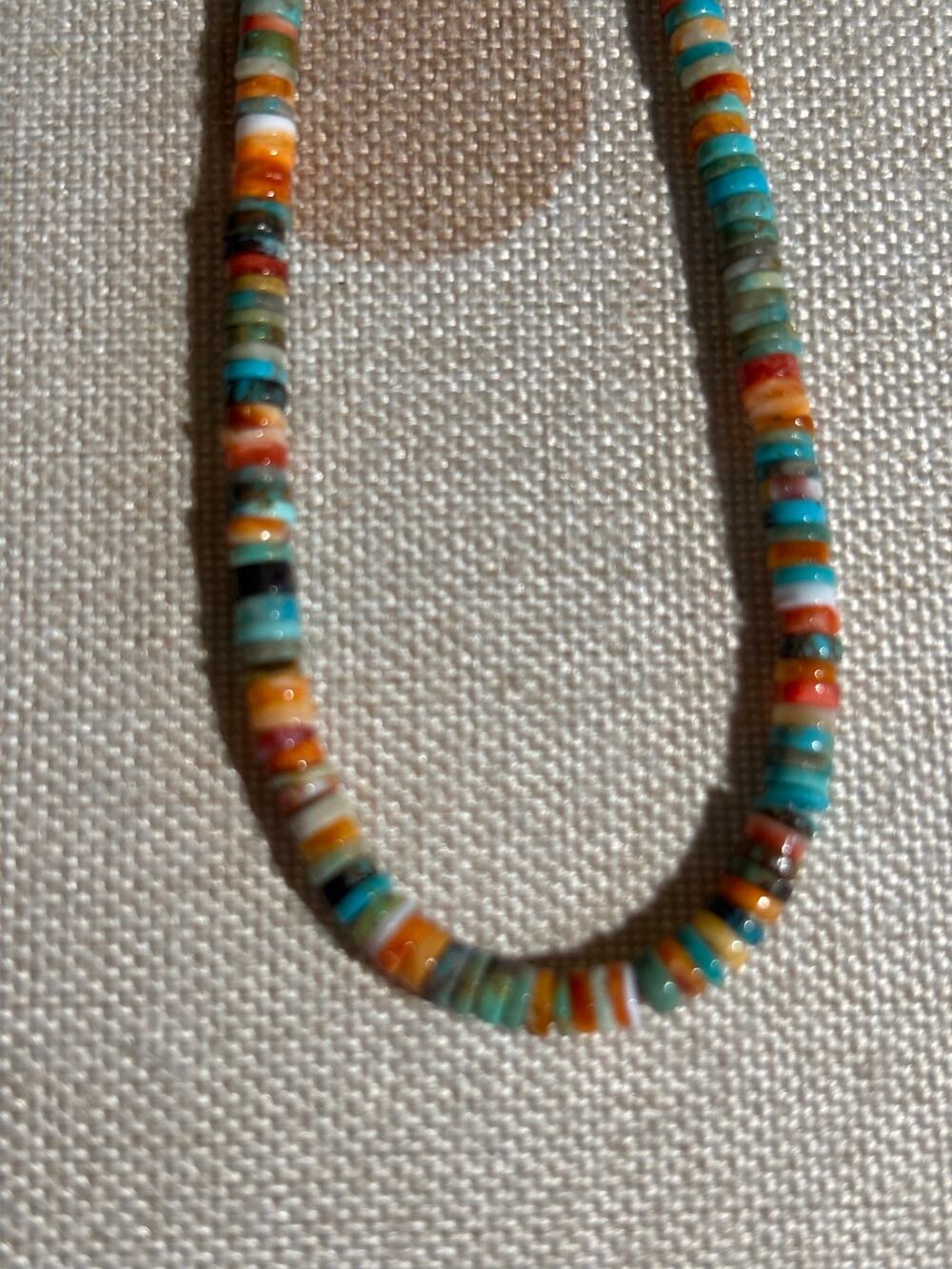 Spiny Orange and Turquoise Heishi Necklace 16”/ 3.3 mm Beads